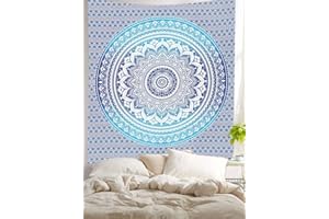 THE ART BOX Hippie Ombre Mandala Tissu Murale Tapisserie Bleu et Blanc - 140x210 cm Boho Bohemian Maison Décoration Murale de Plage en Coton Indien Tapisseries pour Chambre