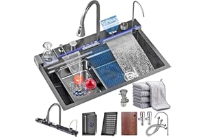 QXSXKJ Fregadero Multifuncional 1 Seno, Negro Encimera Cocina, Fregadero Inteligente con Cascada Nano Revestimiento con Grifo ExtraíBle,Dispensador De JabóN, Arandela de Taza (80x45x22cm)