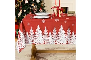 Softalker Nappe de Noel rectangulaire 150x300 cm Rouge Grande Taille Nappes noël Anti Tache des Flocons de Neige Blanc et Un Motif de Sapin de Noël élégant pour Exterieur,fête,Salon,Cuisine,Jardin