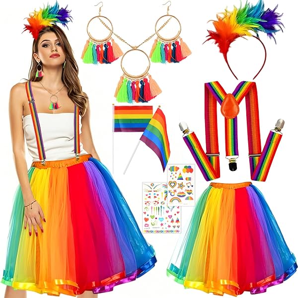 Costume Clown 7 Pièces Femme - Tutu Arc-en-Ciel, Plumes, Gants, Bretelles Réglables, Nez