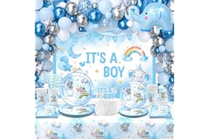 YWEDIIM Elephant Boy Baby Shower Supplies, Includes It's a Boy Backdrop, Plates, Cupcake Toppers, Napkins, Cups, Tablecloths, Blue Balloon Arch Kit, for Baby Shower Birthday Party Decorations Serves 20 (Blue)