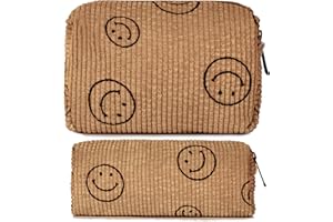 Aucuu 2pcs Bolsa de Cosméticos de Viaje de Gran Capacidad, Bolsa de Maquillaje de Pana con Cara Sonriente, Bolsa de Lavado Viaje Multifuncional con Cremallera, para Viajes, Baño (Marrón)