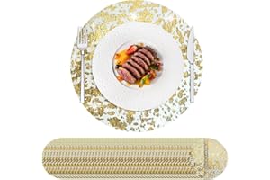 Hysenm 50 Pcs Disposable Gold Placemats Set Metallic 13 Inch Round Foil Mesh Pressed Table Doilies, Ultra-Thin Disposable Placement Mats for Home Decoration Dining Table Wedding Birthday Party