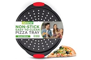 NutriChef Non-Stick Pizza Tray - with Silicone Handle, Round Steel Non-Stick Pan with Perforated Holes, Premium Bakeware, Pizza Tray with Silicone and Oversized Handle, Dishwasher Safe