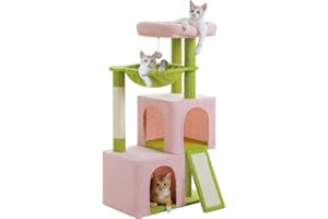 PETEPELA Drapak dla kota 104 cm z 2 przestronnymi jaskiniami dla kotów mieszkalnych, duży domek dla kotów z wygodnym hamakiem, wyściełanym drążkiem do siedzenia, podkładką do drapania i zdejmowaną