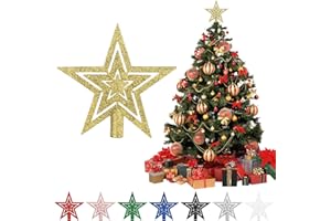 MOIUGULI Christmas Tree Topper, Glitter Christmas Tree Star Topper Ornament, 15cm Shatterproof Xmas Tree Topper with Hollow Design for Home Decorations, Gold