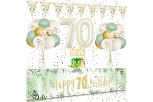 70 Geburtstag Deko, VICTERR Grün Gold Deko 70. Geburtstag Frau und Mann Deko Set, Extra Lange Größe Happy 70th Birthday Banner Hintergrund 274×37cm, Girlande Wimpel Konfetti Luftballons