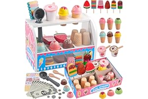 Wooderma Ice Cream Toy for Kids 48 Pcs, Wooden Toys for 2 3 4 5 6 Year Old Girls Gifts, Wooden Play Food Sets for Children Kitchen Accessories, Role Play Toys, Gift for 2 3 4 5 6 Year Old Girl Boy