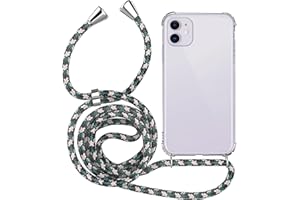 MyGadget Funda para iPhone 12 Mini - Carcasa con Cuerda en Silicona TPU Suave con Cordón - Case y Correa Adjustable - Negro Camuflaje