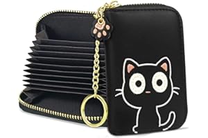 conisy Urocze etui na karty kredytowe dla kobiet, małe skórzane etui na karty blokujące RFID, portfel ze zdejmowanym brelokiem (czarny kot)