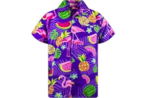King Kameha Funky Chemise-Hawaienne Homme Coupe-Régulière Manche-Courte Aloha Flamants Roses Fruit Faire La Fête Unisexe