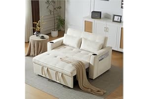 Racxily Divano letto 2 posti con portabicchieri e cuscini,Divano letto pieghevole con tasche laterali,angolo di inclinazione dello schienale regolabile,divano 2 posti,Velluto,Beige