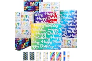 BWLOIES Papier Cadeau Set - Emballage Anniversaire pour Garçon, Homme, Enfant - Happy Birthday Wrapping Paper Coloré