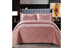 Fit Even Quilt Ruffle Bedspread 3 Piece Set – Coverless Quilted Diamond Pattern Bedspread, Comforter Throw, Summer and All-Season Lightweight Bedding Sets, with 2 Pillow Sham (Super King, Rose)
