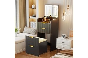 Gurexl 3 in 1 Small Vanity Desk with Plip Top Mirror,Makeup Vanity Set with Visible Glass Desktop,Compact Vanity with 3 Drawers,Storage Compartment and Padded Stool,Dressing Table for Bedroom,Black