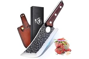 PURPLEBIRD Hachoir Couteau de cuisine japonais à lame extra-épaisse (5 mm), Hachette de boucher forgée à la main avec manche en bois, Hachette à os Couteau à désosser avec étui en cuir
