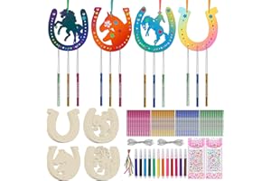 Huahuanghui HufEisEn Holz zum Bemalen 16 Stück, Holz HUFEisEN Windspiel Bastelset mit Aquarellstift und Glitzersteinen Sticker, Kindergeburtstag, Pferde Geburtstagsdeko