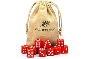 Waldfelsen Lot de 6, 12, 20, 30 ou 50 dés de haute qualité de taille standard de 16 mm en acrylique - Dés de jeu Dice à 6 côtés - Accessoires de jeu avec sac en tissu (rouge, 12 pièces)