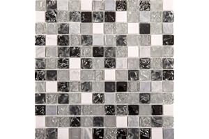 GRAND TAPS Black & Grey Crackled Glass & Stone Mixed Bathroom Kitchen Mosaic Tiles Sheet (MT0152) (1 Sheet)