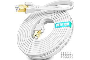 SOIBKE Kabel Ethernet Cat 8, 10m kabel internetowy 10 metry Płaski o wysokiej prędkości 40 Gb/s 2000 MHz, ekranowany RJ45 gigabit kabel LAN biały, Kabel krosowy z 10 klipsami do modemu, routera (10M)