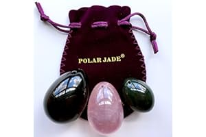 POLAR JADE Yoni Eggs 3-pcs Set of 3 Gemstones, Drilled, with String & User Instructions, Made of Nephrite Jade, Rose Quartz and Black Obsidian, L/M/S 3 Sizes for Training Love Muscles as Kegel Exercisers