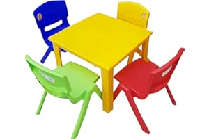A406 Strong Kids Children Table and Chairs Set for Study, Activity Garden Indoor (Yellow Table + 4 Chairs Mix)