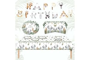 Anevios 46 Pièces Pièces Jungle Animaux Vaisselle Anniversaire Assiette Jetable Anniversaire Garçon Assiettes Papier Serviettes Nappes pour Décorations Anniversaire Jungle Enfant