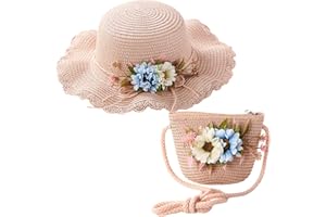 Comforso Girls Sun Hat and Mini Cross Body Bag Set Kid Summer Straw Hat Wide Brim Sun Protection Visor Hats Flower Straw Hat for Kids Girls Kids Girls Holiday Travel 2-8 Years Old