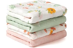 Viviland Baby Spucktücher, Musselin Baby Mulltücher für Neugeborene, 4er Set 26 x 50 cm Moltontücher Baby, Baumwolle Waschlappen Baby Mädchen and Junge, Blumen Pattern