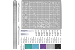 Miuzei Ensemble de tapis de découpe A4 avec règle en acier et 30 couteaux à papier pour sculpture, loisirs créatifs, tapis de dessin (gris)