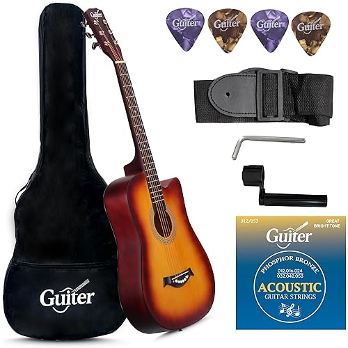 Guiter OTG 38-inch Acoustic Guitar Kit, Right Handed, Linden Wood Body with Rosewood Fretboard, Steel Strings, With Truss Rod, And Accessories SunBrust Color