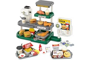 KalaDuck Caja Registradora para Niños con Sonido, Juego de rol Restaurante con Cafetera Juguete, Hamburguesa, Jugar a Dinero y Otros Comida Juguete, Juego de Tienda de Comida Rápida para Niños Niñas