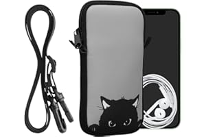 kwmobile Handytasche für Smartphones XL - 6,7/6,8" - Neopren Handy Hülle Grau Schwarz - Handy Tasche mit Kette 17,2 x 8,4 cm Innenmaße - Neugierige Katze