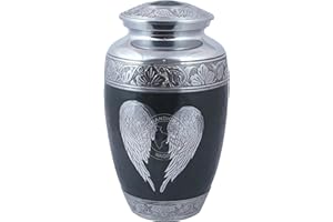 Hind Handicrafts Silbergravierte Urne für menschliche Asche, für Erwachsene, handgefertigt, große Graburne für menschliche Asche, inklusive Beutel (16,5 x 16,5 x 26,7 cm, Engelsflügel-Herz-10)