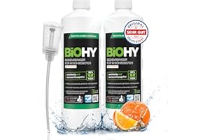 BiOHY Detergente per pavimenti per robot aspirapolvere con profumo di arancia (2 bottiglie da 1l) + Distributore | Detergente concentrato per tutti i robot aspirapolvere (Wischroboter Orange)