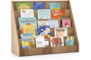 COSTWAY Wooden Kids Bookshelf, 5 Tier Children Bookcase with Deep Compartments, Back Storage Space, Front-Facing Books Display Rack for Playroom, Daycare, Kid’ Room (Natural)