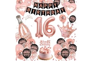 Decoration 16th Birthday for Girls - Rose Gold Black Sweet Sixteen Decoration, Happy Birthday Garland, Crown, Sash, Cake Decoration, Balloons