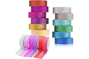 STARKVISTA 12 Rollos Washi Tape Set, Cinta Adhesiva Decorativa para DIY, Scrapbooking, Cinta Washi Glitter Adhesivo Purpurina Dorado, Cintas Adhesivas Decorativas de Papel Washi Tape para Manualidades