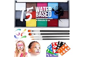 Katiluxiya Acqua Attivata Vernice Viso Del Corpo per Halloween Cosplay Party, Kit di pittura del viso per bambini adulti non tossico,15 Colori Pittura Palette 4 Pennelli e 6 Adesivi (01)