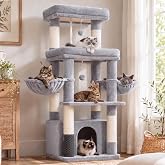 Hey-brother Cat Scratcher with Large Cave, 2 Platforms, MPJ070W | 130 cm Multi-Level Cat Tree with 2 Soft Baskets, 2 Plush Ba
