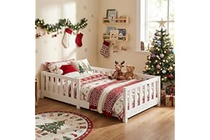 ecomi Łóżko dziecięce z osłoną zabezpieczającą i stelażem listwowym, 80 x 160 cm, białe, łóżko dziecięce z litego drewna sosnowego (białe, 80 x 160 cm)