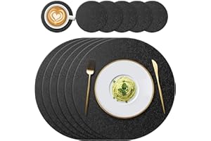 YUNJUER 6 Round Silicone Place Mats(34cm) and 6 Coasters(10cm) Set, Heat-Resistant 450 °F Place mats, Non-Slip and Washable, Placemats for Hotel, Restaurant, Kitchen Glass Dining Table, (Black)