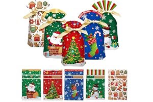 50 stycken julsäckar små 15 x 23 cm, folie presentpåse med dragsko, återanvändbara julpåsar för godis och kex, 5 motiv, snögubbe jultomte, fest presentförpackning