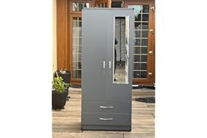 PALAKLOT Modern 2-Door 2-Drawer Wardrobe | Fully Assembled | Matt Finish | Available in White, Black, Grey | 50x76x184CM (Grey)