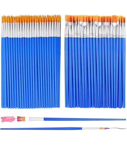 AROIC Set 200 Pennelli Acrilici Professionali - Nylon - 100 Piatti E 100 Rotondi - Per Acquerello, Olio, Corpo - 3