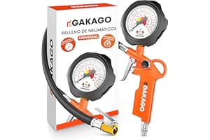 Gakago Inflador de neumáticos - Inflador de neumáticos preciso con manómetro de aire comprimido de 0-12 bares - Manguera de inflado de neumáticos extra larga de 45 cm