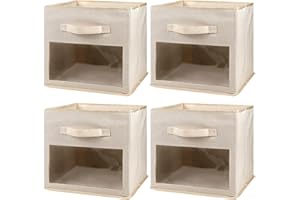 BinWhiz 4-Pack Collapsible Fabric Storage Cubes, 33x33x33 cm Bins with Clear Front Window, Ideal Space-Saving Storage Solution for Bedroom, Closet, Shelves, Utility Room Organization (Beige)