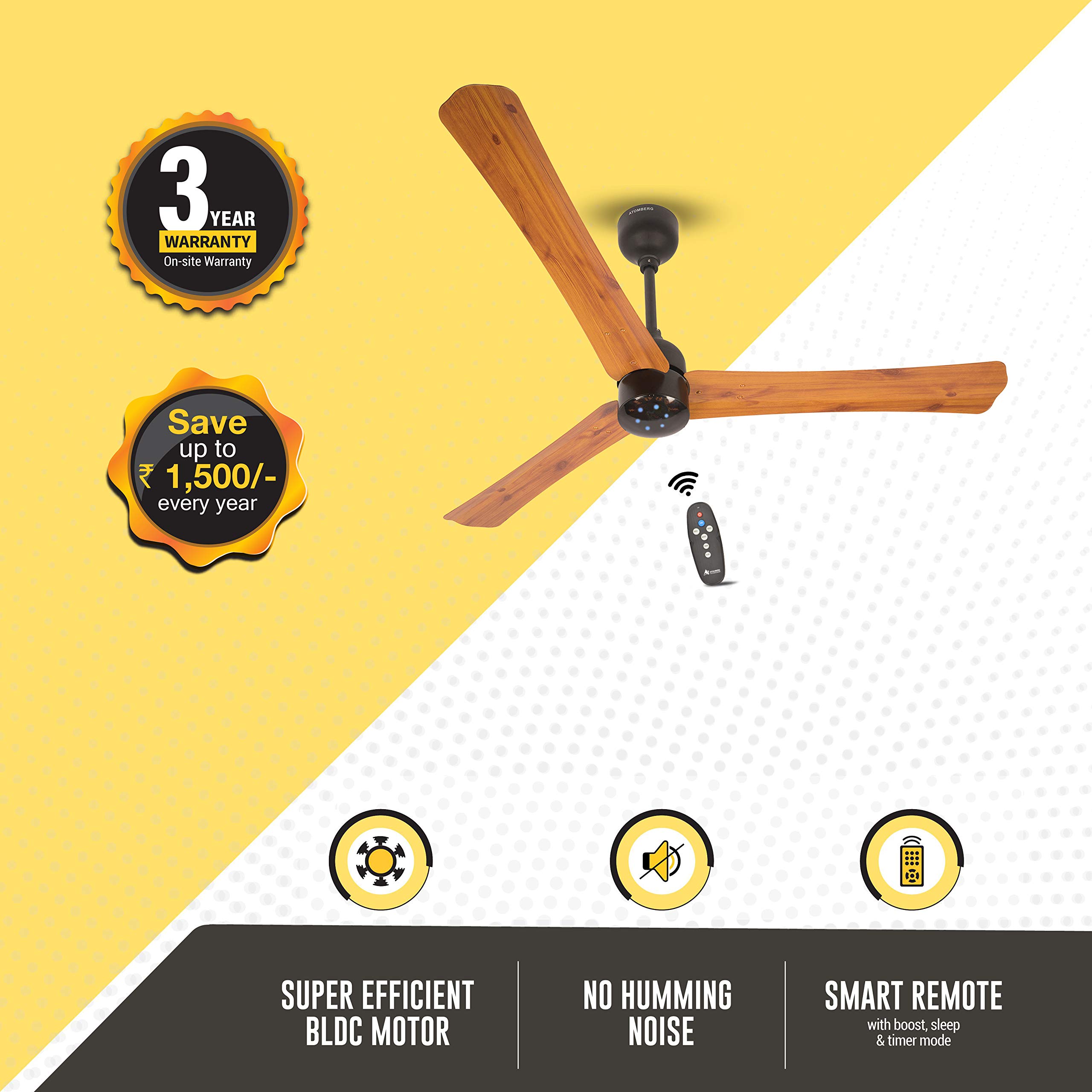 atomberg Renesa+ 1200mm BLDC Ceiling Fan with Remote Control | BEE 5 star Rated Energy Efficient Ceiling Fan | High Air Delivery with LED Indicators | 2+1 Year Warranty (Golden Oakwood) - Image 3