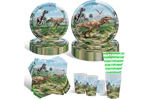 HFBOBP Geburtstagsdeko Partygeschirr Set, 10 Gäste Dinosaurier Teller Set, Partygeschirr Set Mit Pappteller Und Becher Servietten Kindergeburtstag Partyzubehör für Geburtstag Deko Junge Mädchen Motto Party