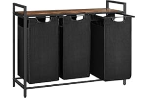 VASAGLE Cesto Portabiancheria, Porta Biancheria, 3 Sacchi in Tessuto Rimovibili, Piano d’Appoggio, Metallo, 3 x 40 L, 92,5 x 33 x 72 cm, Nero Inchiostro e Marrone Vintage BLH301B01